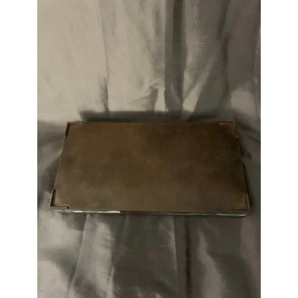 Vintage Mexican Brass Walnut Box | Signed Abalone Inlaid Hinged Trinket Box
